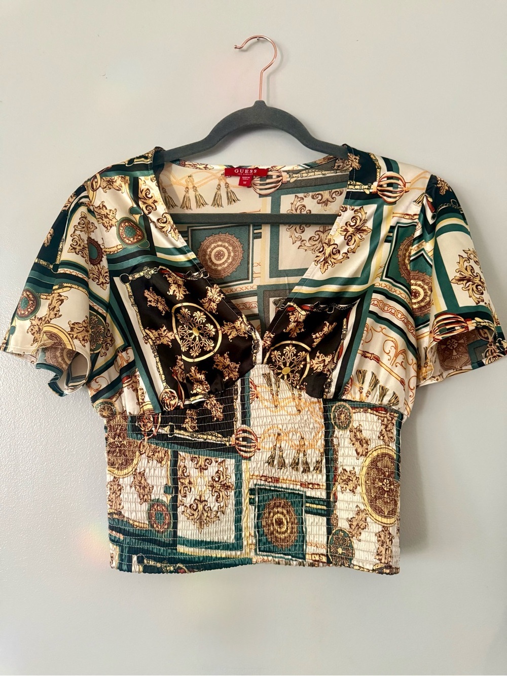GUESS Baroque Chain Print Satin Crop Top V-Neck Smocked Blouse Size M
